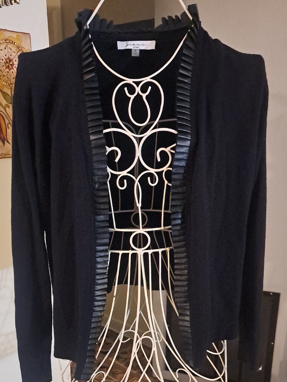 Giani Milano Open Front Cardigan With Faux Leather Pleated Ruffle Detail, Sz S